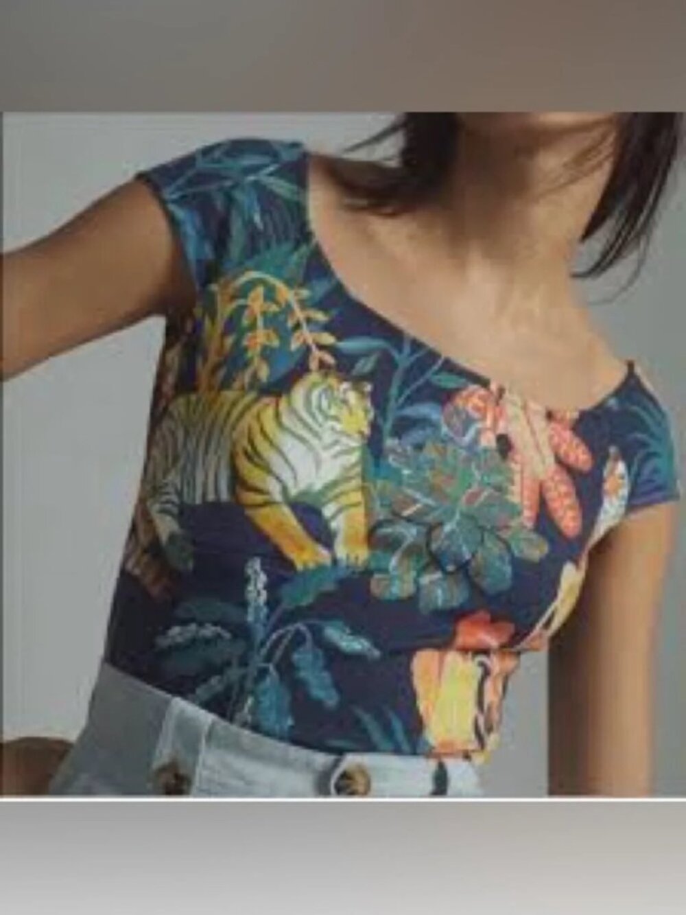Anthropologie Maeve Tiger Jungle Print Off Shoulder Knit Top M Tropical Peplum - Picture 8 of 8